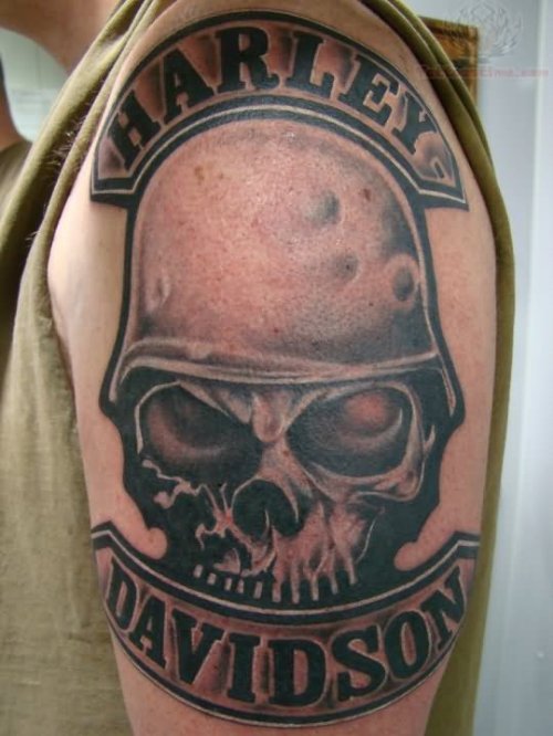 Skull And Harley Davidson Tattoo On Left Shoulder